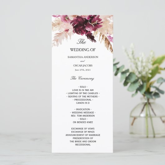 Modern Burgundy Blush Pink Floral Menu (Staand voorkant)