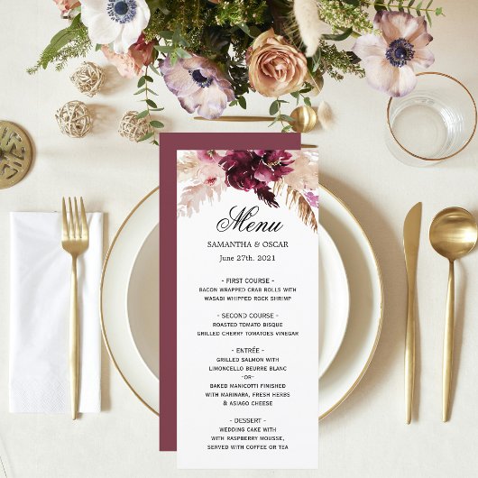 Modern Burgundy Blush Pink Floral Menu