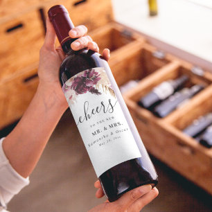 Modern Burgundy Blush Pink Floral Wijn Etiket