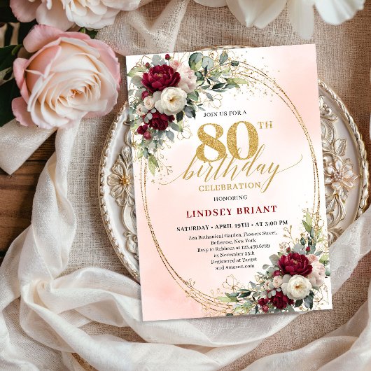 Modern Burgundy Boho Flowers 80th Birthday Invite Kaart