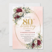 Modern Burgundy Boho Flowers 80th Birthday Invite Kaart (Voorkant)