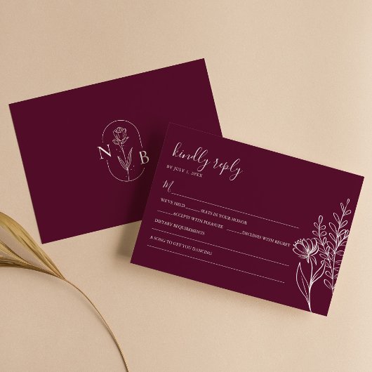 Modern Burgundy Boho Wedding Simple Elegant RSVP Kaartje