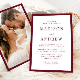 Modern Burgundy Border Photo Wedding Kaart