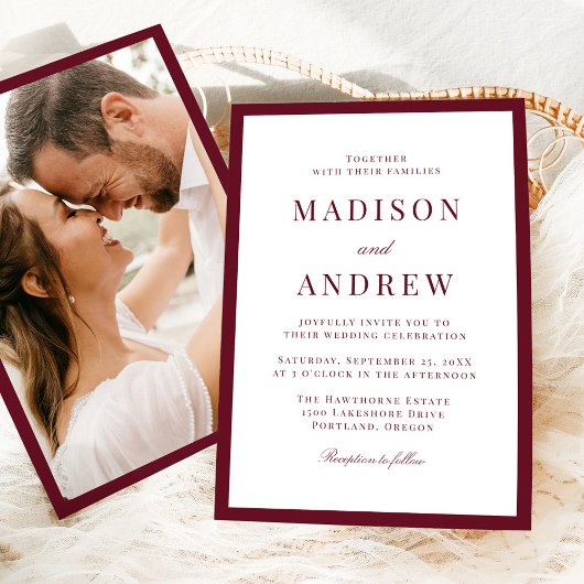 Modern Burgundy Border Photo Wedding Kaart