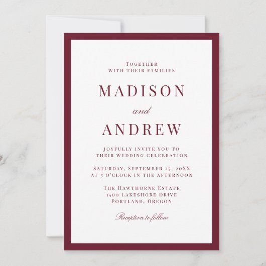 Modern Burgundy Border Wedding Kaart (Voorkant)