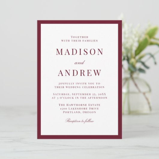 Modern Burgundy Border Wedding Kaart (Staand voorkant)