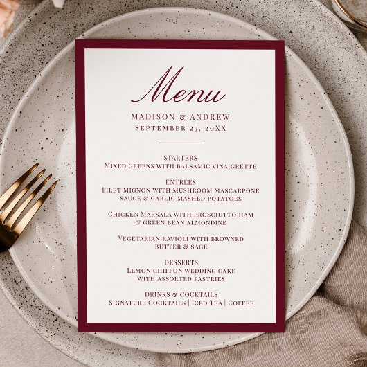 Modern Burgundy Border Wedding Menu