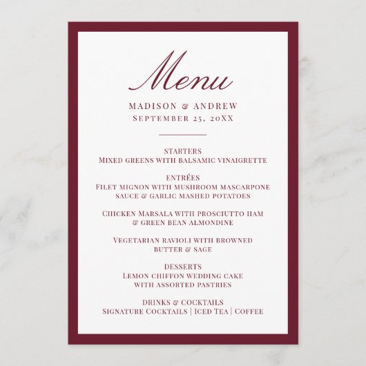 Modern Burgundy Border Wedding Menu (Voorkant)