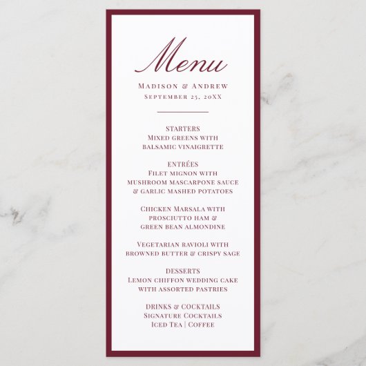 Modern Burgundy Border Wedding Menu (Voorkant)