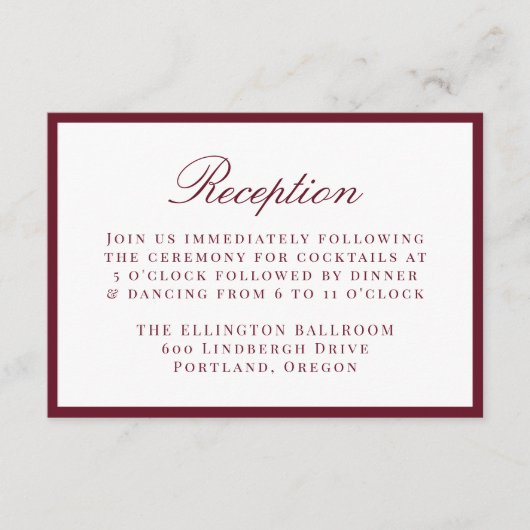 Modern Burgundy Border Wedding Reception Informatiekaartje (Voorkant)