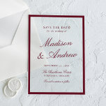 Modern Burgundy Border Wedding Save the Date Acryl Uitnodigingen<br><div class="desc">Announce your special day in rich, romantic style using this burgundy border acrylic save the date card. A deep burgundy frame outlines the design on a clear acrylic background, adding warmth and timeless sophistication. The couple’s names are displayed in elegant script, paired with classic serif lettering for the wedding date...</div>