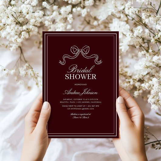 Modern Burgundy Bow Elegant Timeless Bridal Shower Kaart