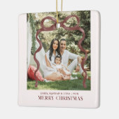 Modern Burgundy Bow Merry Christmas Photo Keramisch Ornament (Links)