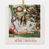 Modern Burgundy Bow Merry Christmas Photo Keramisch Ornament (Voorkant)