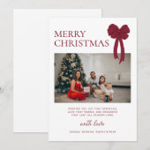 Modern Burgundy Bow Photo Christmas Feestdagenkaart (Voorkant / Achterkant)