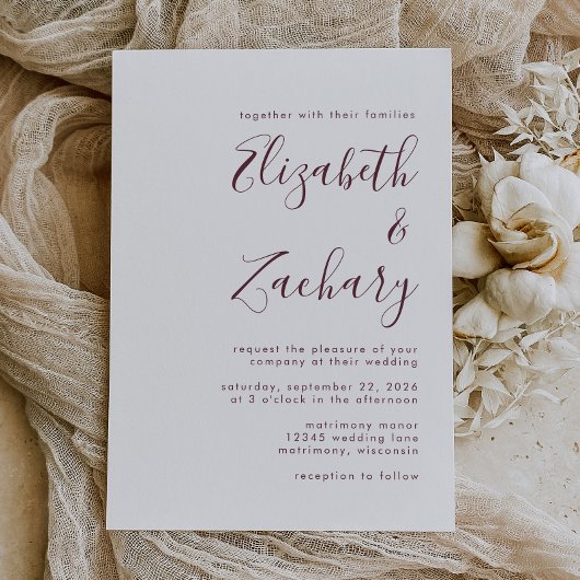 Modern Burgundy Calligraphy Wedding Kaart