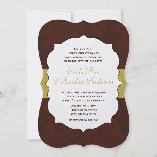 Modern Burgundy Chartreuse Damask Wedding Invite Kaart (Voorkant)