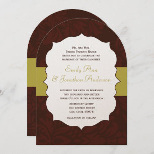 Modern Burgundy Chartreuse Damask Wedding Invite Kaart