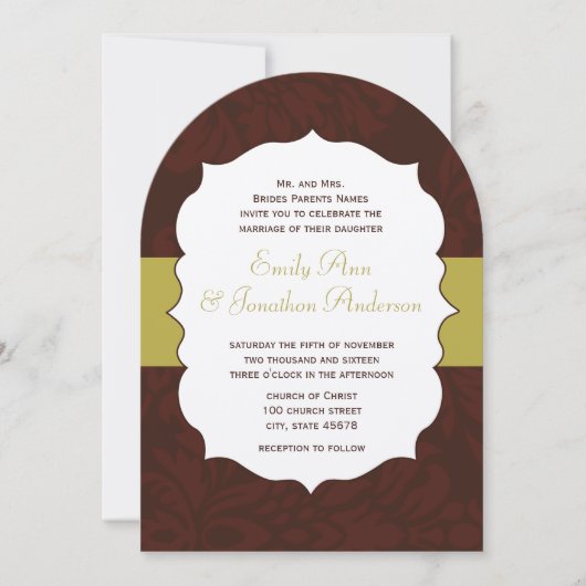 Modern Burgundy Chartreuse Damask Wedding Invite Kaart (Voorkant)