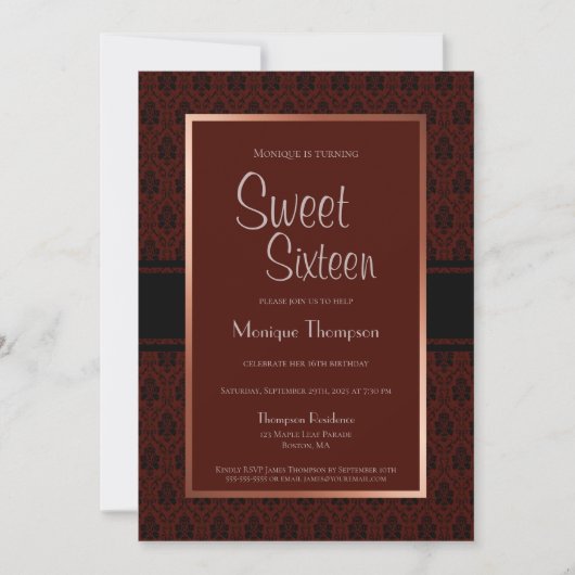 Modern Burgundy Copper Sweet 16 Birthday Party Kaart (Voorkant)