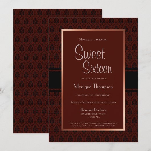 Modern Burgundy Copper Sweet 16 Birthday Party Kaart (Voorkant / Achterkant)