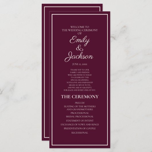 Modern Burgundy Cream Wedding Programme Programmakaart (Voorkant / Achterkant)