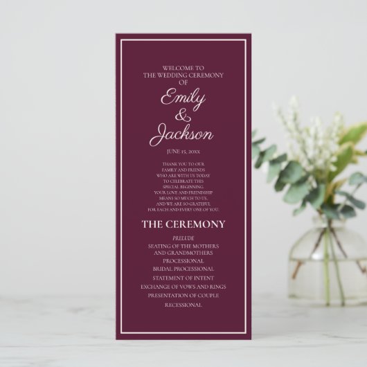 Modern Burgundy Cream Wedding Programme Programmakaart (Staand voorkant)