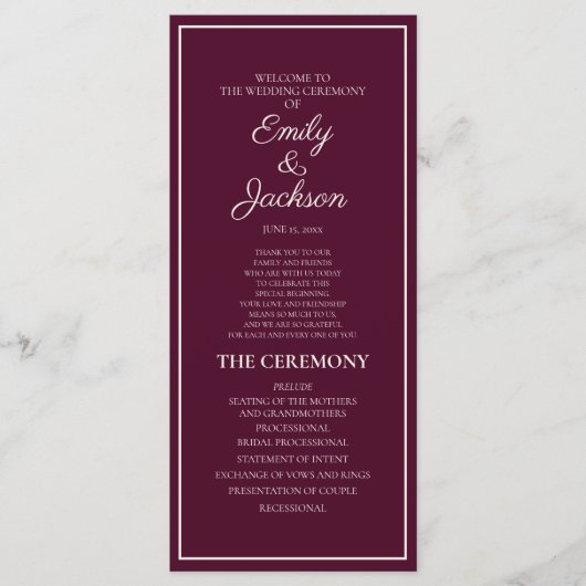 Modern Burgundy Cream Wedding Programme Programmakaart (Voorkant)