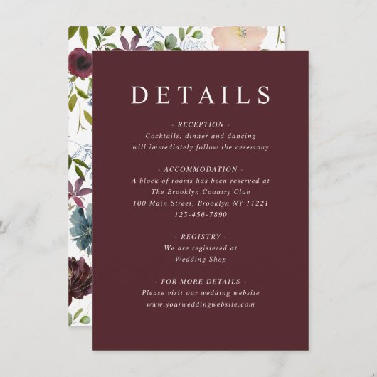 Modern Burgundy Dusty Blue Floral Wedding Details Informatiekaartje (Voorkant / Achterkant)