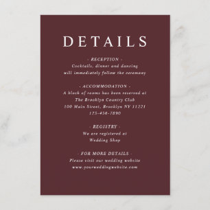 Modern Burgundy Dusty Blue Floral Wedding Details Informatiekaartje