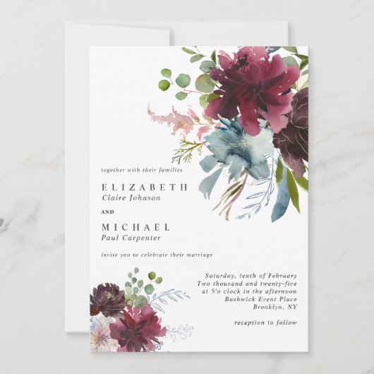 Modern Burgundy Dusty Blue Peach Floral Wedding Kaart (Voorkant)