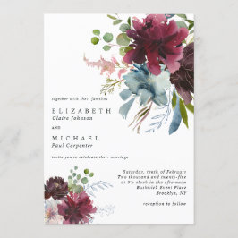Modern Burgundy Dusty Blue Peach Floral Wedding Kaart