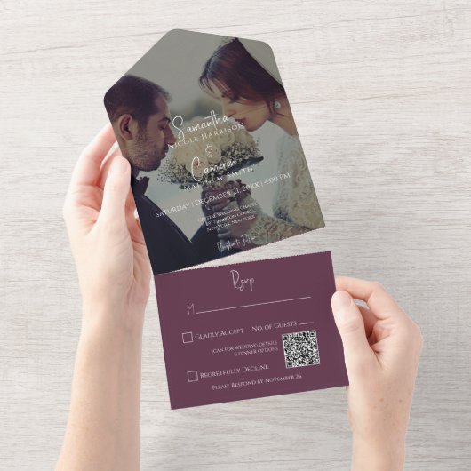 Modern Burgundy Elegant Photo QR Code All In One Uitnodiging (Afscheurbaar)