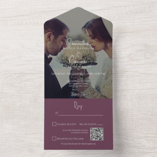Modern Burgundy Elegant Photo QR Code All In One Uitnodiging (Binnen)