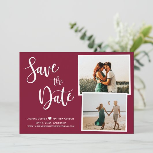 Modern Burgundy Elegant Typografie Foto Save The Date (Staand voorkant)