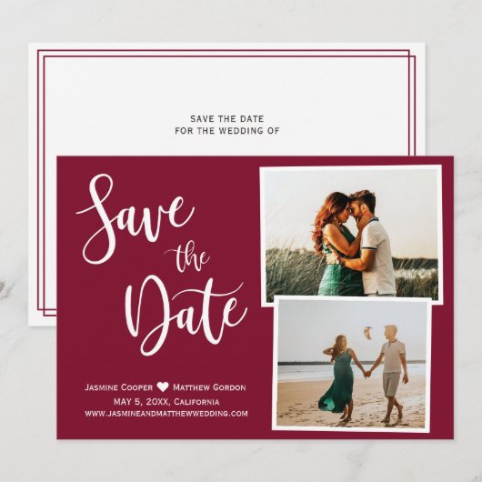 Modern Burgundy Elegant Typografie Foto Save The Date (Voorkant / Achterkant)
