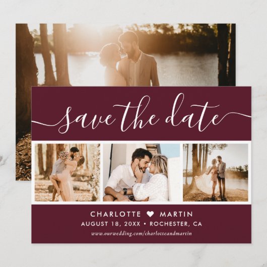 Modern Burgundy Fall Wedding 4 Foto Save The Date (Voorkant / Achterkant)