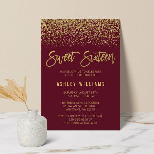 Modern Burgundy Faux Gold Glitter Sweet 16 Kaart