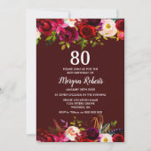 Modern Burgundy Floral 80th Birthday Party Invite Kaart (Voorkant)