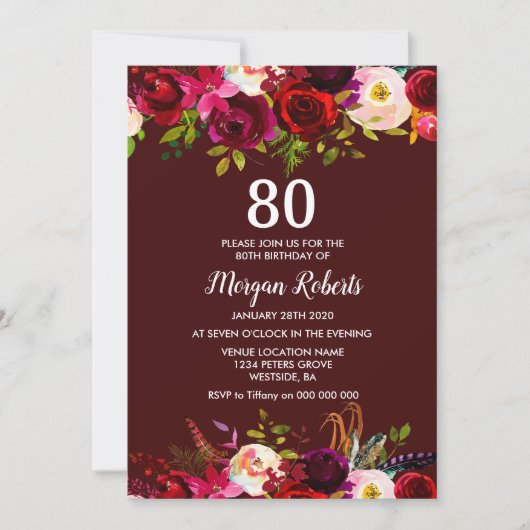 Modern Burgundy Floral 80th Birthday Party Invite Kaart (Voorkant)