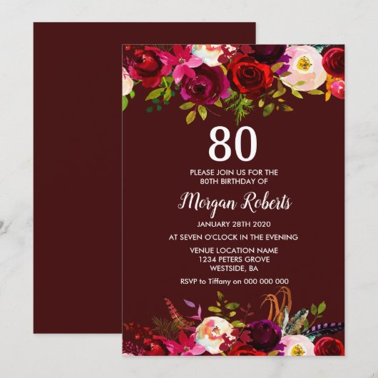 Modern Burgundy Floral 80th Birthday Party Invite Kaart (Voorkant / Achterkant)