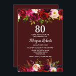 Modern Burgundy Floral 80th Birthday Party Invite Kaart<br><div class="desc">Modern Burgundy Floral 80th Birthday Party Invite Bekijk passend collectie in Niche en Nest Store</div>