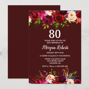 Modern Burgundy Floral 80th Birthday Party Invite Kaart