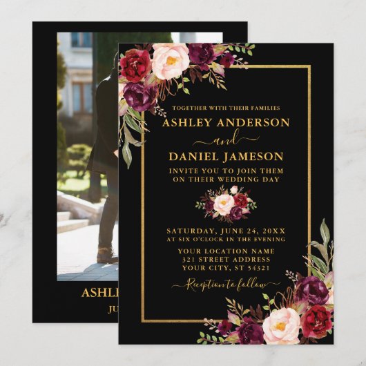 Modern Burgundy Floral Black Gold Photo Wedding Kaart (Voorkant / Achterkant)