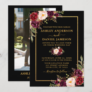 Modern Burgundy Floral Black Gold Photo Wedding Kaart