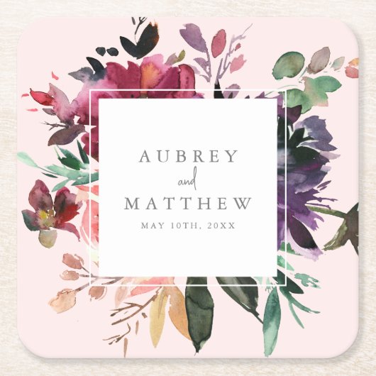 Modern Burgundy Floral Blush Pink Wedding Kartonnen Onderzetters (Voorkant)