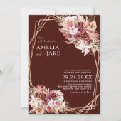 Modern Burgundy Floral Gold Geometric Wedding Kaart (Voorkant)