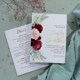 Modern Burgundy Floral Greenery Wedding All-in-One Folie Uitnodiging