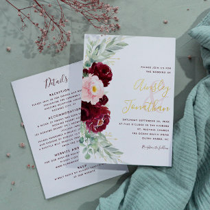 Modern Burgundy Floral Greenery Wedding All-in-One Folie Uitnodiging