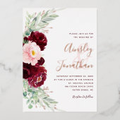 Modern Burgundy Floral Greenery Wedding Roos Gold Folie Uitnodiging (Voorkant)